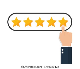 hand finger click on the five yellow star. Customer reviews, rating,user feedback concept. isolated on white background. vector illustration in flat style modern design.