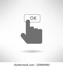 Hand with finger clicking ok button in modern flat design. Web interface element. Vector illustration