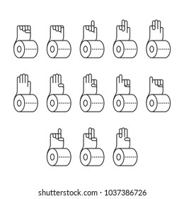 Hand finger counting number with tissue paper icons set sign language concept, outline stroke flat design pink color illustration isolated on white background, vector eps 10