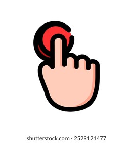 Hand finger cursor press on red button. Colored outline vector design isolated illustration.