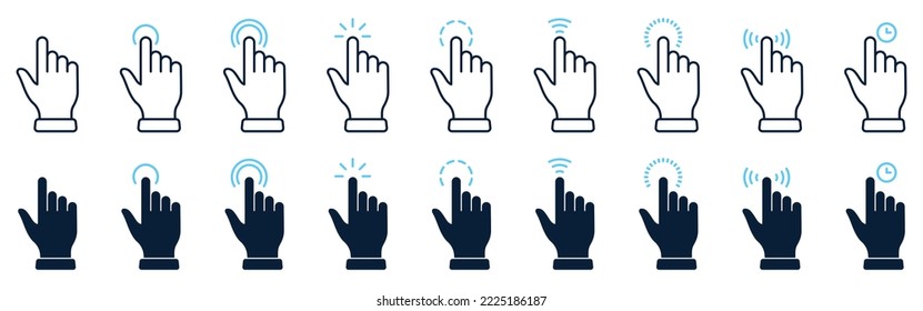 Mano con la línea de clic del ratón digital del dedo y conjunto de iconos de la silueta. Signo de puntero del equipo de cursor. Sitio Web App Pulse Tap Link Choice Button Internet Interface Symbol. Ilustración de vectores aislados.