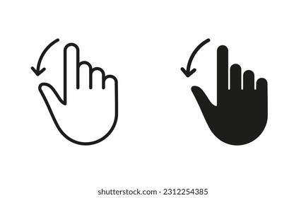 Hand Finger Drag Down Line and Silhouette Black Icon Set. Pinch Screen, Swipe and Rotate Touch Screen Pictogram. Gesture Slide Down Symbol Collection on White Background. Isolated Vector Illustration.