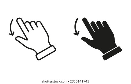 Hand Finger Drag Down Line and Silhouette Black Icon Set. Pinch Screen, Swipe and Rotate Touch Screen Pictogram. Gesture Slide Down Symbol Collection on White Background. Isolated Vector Illustration.