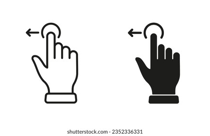 Arrastrar el dedo de la mano a la izquierda y Conjunto de iconos negros de línea y silueta. Pictograma de pantalla táctil Pinch Screen, Swipe and Rotate Colección de símbolos de la izquierda de la diapositiva de gesto. Ilustración de vectores aislados.