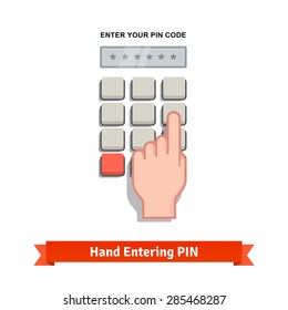 Hand finger entering with PIN code combination or password on a keypad. Flat style vector icon.