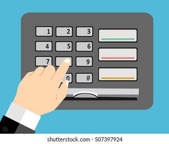 Hand finger entering with PIN code combination or password on a keypad. Flat style vector icon ATM