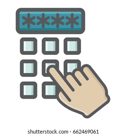 Hand finger entering pin code colorful icon, unlock and password, vector graphics, a filled pattern on a white background, eps 10.