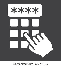 Hand finger entering pin code solid icon, unlock and password, vector graphics, a glyph pattern on a black background, eps 10.