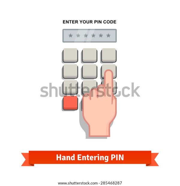 Hand finger entering with PIN
code combination or password on a keypad. Flat style vector
icon.