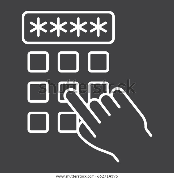 Hand finger entering pin code line icon, unlock and\
password, vector graphics, a linear pattern on a black background,\
eps 10.