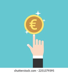 Hand, finger, euro coin. Wealth, investment, idea, startup, insight, profit and financial advice concept. Flat design. EPS 8 vector illustration, no transparency, no gradients