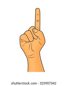 Hand finger up gesture vector - realistic cartoon illustration. Image of human hand gesture pointing up. Picture isolated on white background.