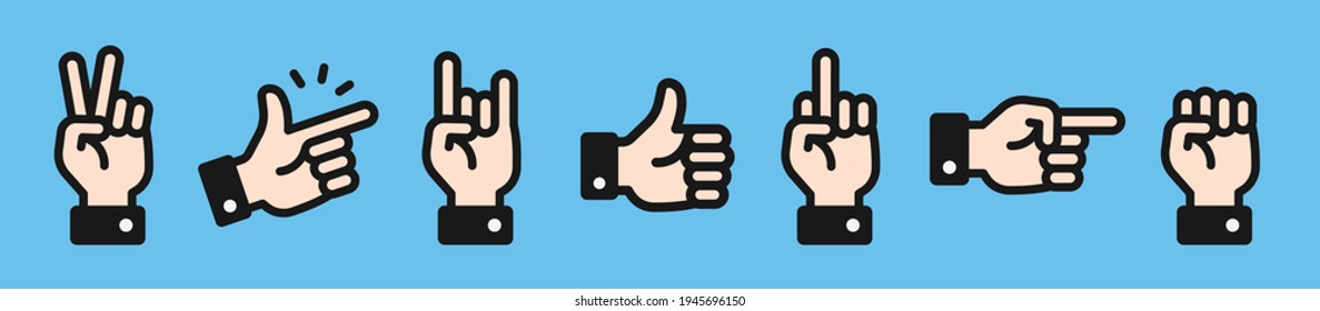 Hand finger gestures icon. Finger victory, finger snapping, rock and roll, thumb up, pointer, fist.