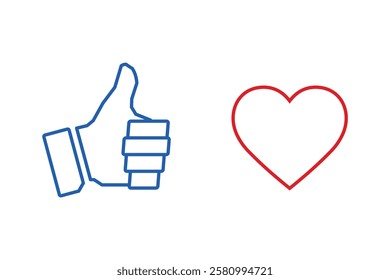 Hand with finger up and heart. Set vector linear icon illustration isolated on white background.