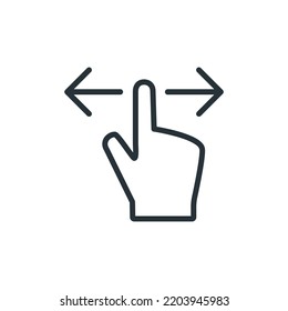 Hand finger left right horizontal swipe gestures icon line vector. hand swipe icon. Horizontal scroll page symbol. Pointing finger hand cursor with right and left arrow. Pointer mouse sign.