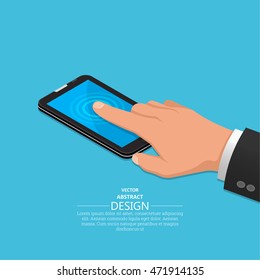 Hand finger on the touch screen of phone. A vectorial illustration in isometric, 3D style.