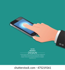 Hand finger on the touch screen of mobile phone similar to the iPhone. A vector illustration in isometric, 3D style.