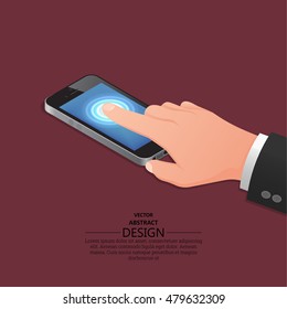 Hand Finger On The Touch Screen Of Mobile Phone Similar To The IPhone. A Vector Illustration In Isometric, 3D Style.