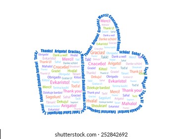 Hand with a finger up painted by words "Thank you" in different languages.