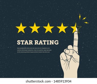 Hand finger pointing five star to increase. Vintage style vector design illustration.