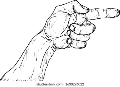 A hand with a finger pointing forward. Hand drawn vector illustration. 