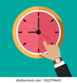 Hand, finger pointing on the clock vector illustration