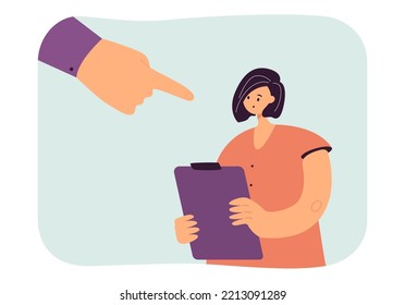 Hand finger pointing at sad guilty employee. Public censure of tiny shamed young woman with clipboard flat vector illustration. Office, blame concept for banner, website design or landing web page