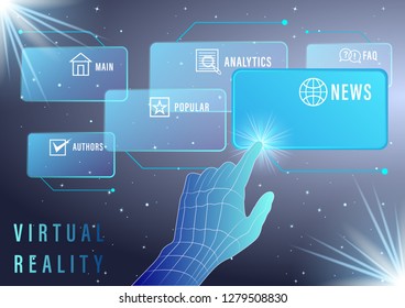 Hand, finger presses on Virtual screens on a starry sky background. Smart Innovation technology internet business concept. Vector Illustration