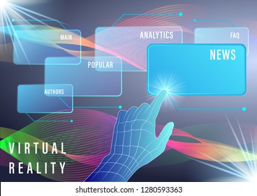 Hand, finger presses on Virtual screens on a abstract background. Smart Innovation technology internet business concept. Vector Illustration