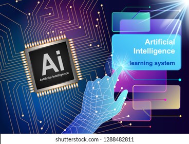 Hand, finger presses on Virtual screens on a cosmic, space background. Microchip, Ai, Smart Innovation technology internet business concept. Vector Illustration