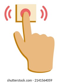 Hand, finger presses red button Vector isolated illustration. The concept of choice, decision making. Hand start, press the button, flat style, top view. Touch icon.