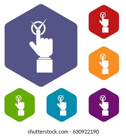 Hand finger pressing button with tick icons set hexagon isolated vector illustration