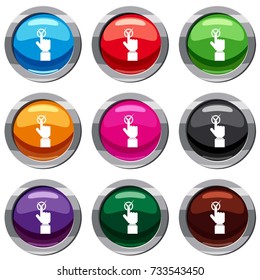 Hand finger pressing button with tick set icon isolated on white. 9 icon collection vector illustration