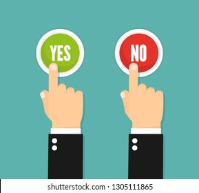 Hand, finger pressing buttons no or yes. Vector flat