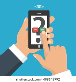 Hand, finger pressing buttons no or yes on a mobile screen, app. Vector illustration. The concept of choice, the right choice and a wrong decision.