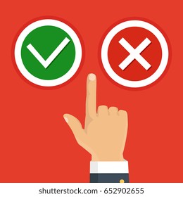 Hand, finger pressing buttons no or yes. Vector illustration. The concept of choice, the right choice and a wrong decision.