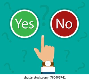 Hand, finger pressing buttons no or yes. Vector illustration. The concept of choice, the right choice and a wrong choice. True or falls decision. Vector illustration. 