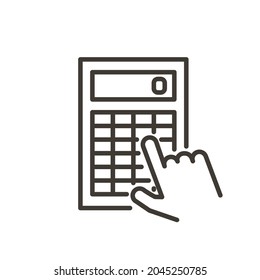 Hand with finger pressing calculator button. Vector thin line icon