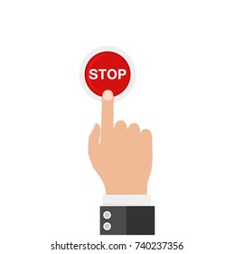 Hand finger pressing of red button STOP. Vector illustration. Touch concept