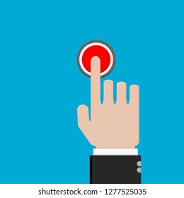hand finger pressing red round button; vector illustration