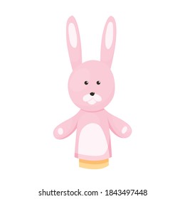 Hand or finger puppets play doll rabbit. Cartoon color toy for children theater, kids games. Vector cute and funny animal character, isolated bunny icon on white background
