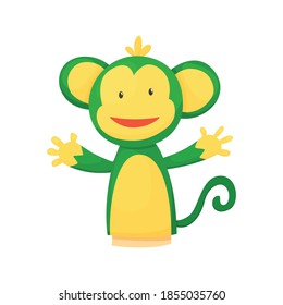 Hand or finger puppets play doll monkey. Cartoon color toy for children theater, kids games. Vector cute and funny animal character, isolated icon on white background