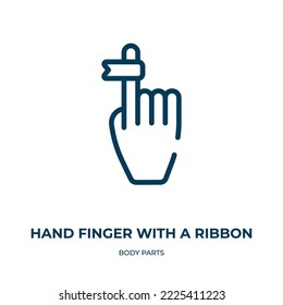 Hand finger with a ribbon icon. Linear vector illustration from body parts collection. Outline hand finger with a ribbon icon vector. Thin line symbol for use on web and mobile apps, logo, print 