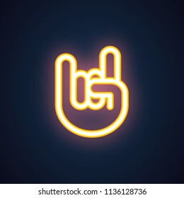 Hand finger rock sign. Golden neon icon in line style isolated on black. Music, concert, night club, party, festival symbol. Luminous element for advertising or button for apps and sites.. Vector