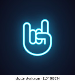 Hand finger rock sign. Neon icon in linear style isolated on black. Music, concert, night club, festival concept symbol. Luminous element for advertising or button for mobile apps and sites.. Vector