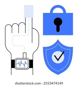 A hand with a finger scanner and smartwatch with a heartbeat monitor next to lock and shield checkmark symbols. Ideal for digital security, biometrics, healthcare, data protection, modern technology