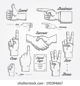 Hand and Finger sign doodle drawn on chalkboard background.Vector vintage style 