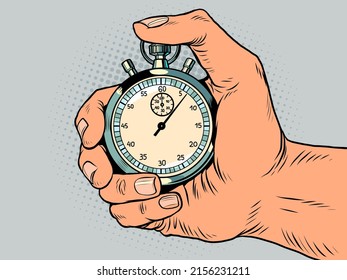 hand finger sports stopwatch, speed meter. Time clock arrows are an accurate instrument. Run Pop art retro vector illustration comic caricature 50s 60s style vintage kitsch