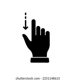 Hand Finger Swipe and Drag Down Silhouette Icon. Pinch Screen, Rotate on Screen Glyph Pictogram. Gesture Slide Down Icon. Isolated Vector Illustration.