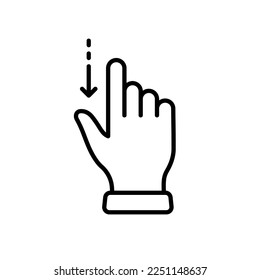 Hand Finger Swipe and Drag Down Line Icon. Pinch Screen, Rotate on Screen Linear Pictogram. Gesture Slide Down Outline Icon. Editable Stroke. Isolated Vector Illustration.